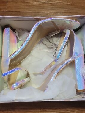 Bella Marie Iridescent Holographic Block Heel Sandals